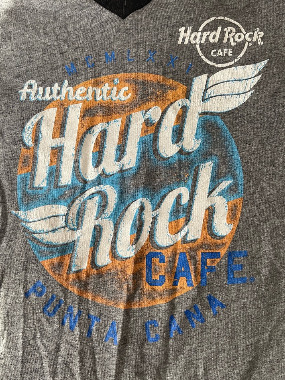 Hard Rock Cafe Punta Cana Gray Tee with Blue, White, Orange Graphic V-Neck